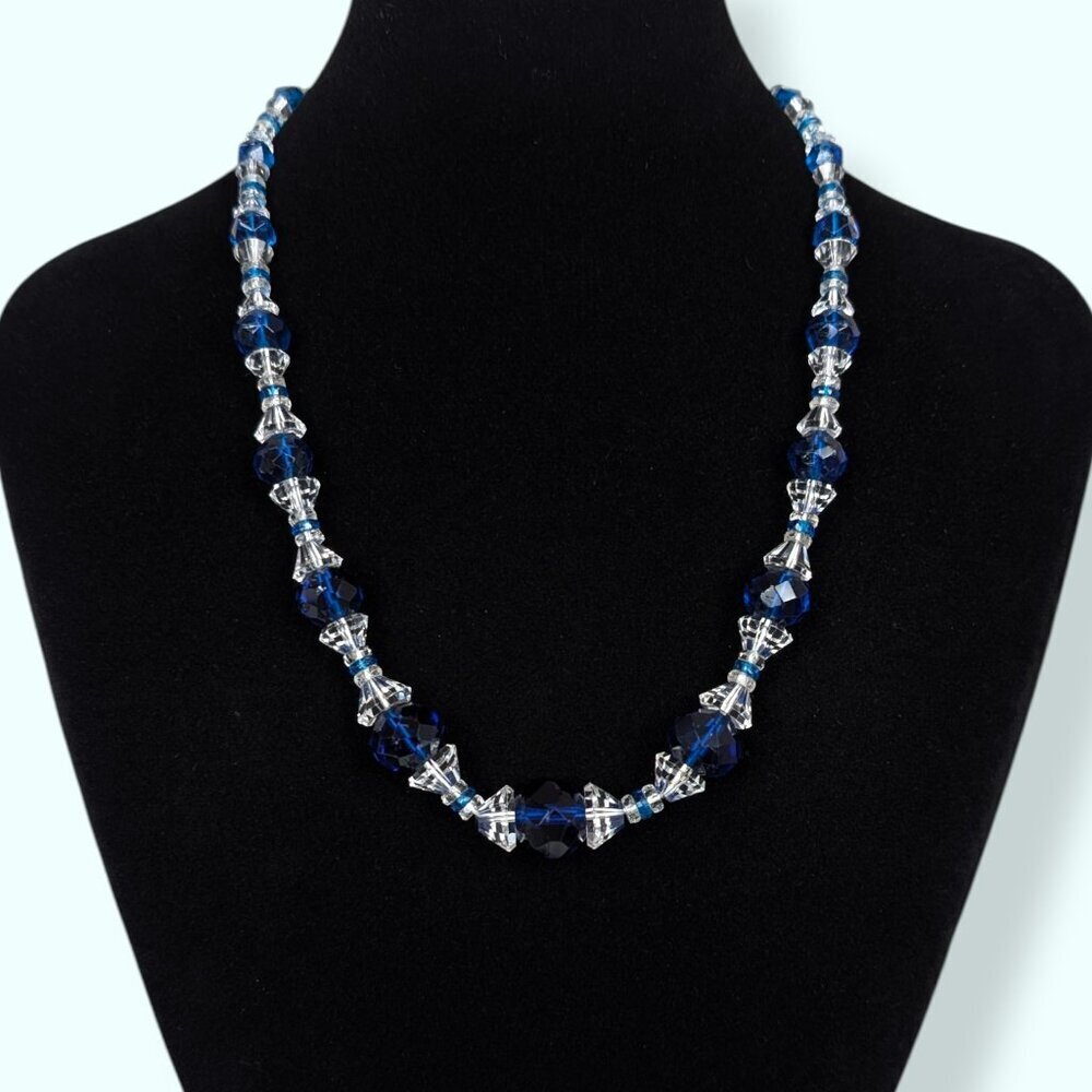 V. Blue & Clear Graduated Glass Beaded Necklace